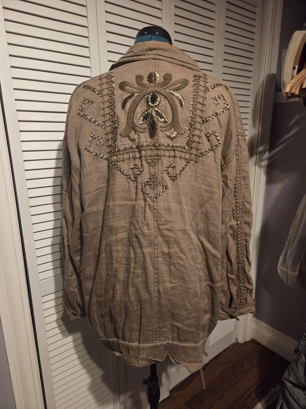 Free People Embroidered Linen-Blend Army Green Jacket - Picture 4 of 8